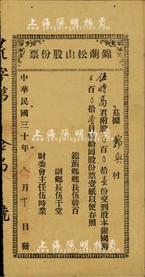 民国三十年（1941年）锦蓢松山股份票，股壹份计国币壹员，由乡长、副乡长等署名发行；广东台山老股票，八成新