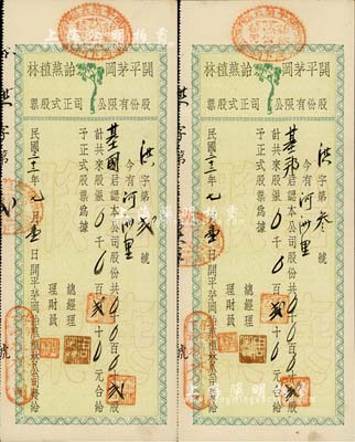 民国三十二年（1943年）开平茅冈诒燕植林股份有限公司正式股票共2枚连号，面额均为贰股计银贰十元，其股票号码仅为第2号和第3号；少见，八五成新