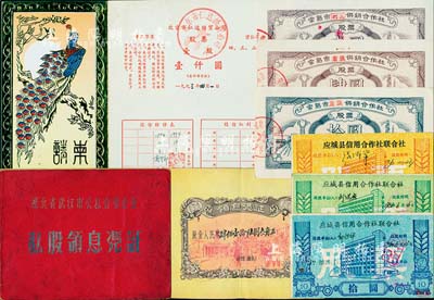 新中国老股票10枚，详分：1956年湖北省武汉市公私合营(霞光楼中心店)私股领息凭证2册，分为（金台旅社）股金人民币肆佰壹拾陆元叁角、（新华安旅社）股金人民币壹佰零伍元伍角壹分，内中所印游行图极富社会主义特色；1983年常熟市供销合作社股票3枚，分别为福山壹股、东张贰股、伍股；1986年应城县信用合作社联合社股票拾圆、伍拾圆、壹佰圆；1993年北京市仁达经贸公司孔雀图请柬式股票