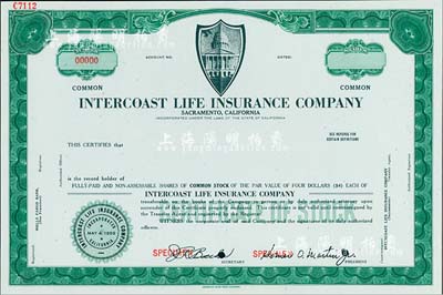 1959年美国海岸人寿保险公司股票样本，...