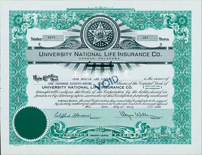 1960年（美国）大学国民人寿保险公司股...