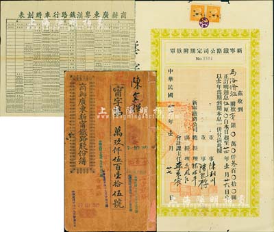 清代至民国时期广东铁路股份史料共3件，详分：1909年《商办广东新宁铁路股份簿》1册，面额壹拾股计银伍拾大圆；1934年广东新甯铁路公司定期附款单，面额毫银叁百圆，附带原封套；1920年商办广东粤汉铁路行车时刻表1份；七至八成新