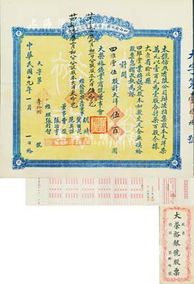 民国十九年（1930年）山西榆次县大荣裕钱业商号股票（即大荣裕银号），伍股计大洋伍百圆，背印章程摘要，附带息摺及原封套；山西银号业老股票之罕见品，亦首度公诸于阳明拍卖，八五成新