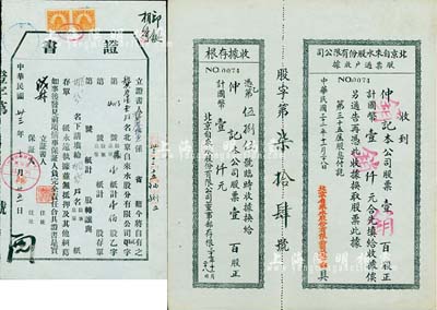 北京自来水股份有限公司股份实物2件，详分：1943年股票过户收据，壹百股计国币壹仟元；1944年转让“证书”，上盖“天津裕津银行总行证券部”戳记；八五成新