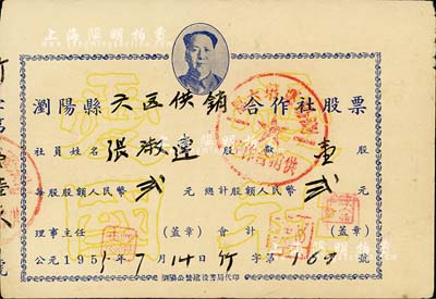 1955年浏阳县六区供销合作社股票，壹股计人民币贰元，上印有毛泽东像，八成新