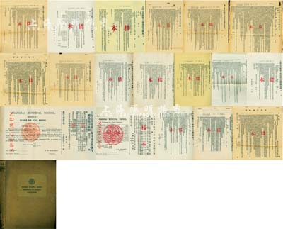 民国时期《Shanghai Municipal Council, Handbooks of Licence Conditions》（上海公共租界工部局各式执照样本册档案）一厚册，内中张贴有各类执照样本共100种不同（每份均有工部局标志及中英文样本字样），均中英文印刷，内容涉及麵包店及糖果店执照、弹子房或滚球场执照、电影院执照、马戏场临时市场跳舞场及其他公共游戏场执照、华人俱乐部