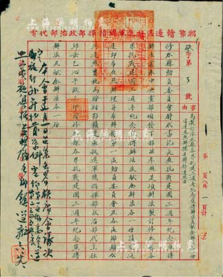 民国二十九年（1940年）湘鄂赣边区挺进军总指挥部政治部代电文1份，事由“为制订修水县各界抗战建国三週年纪念宣传办法及献金办法各一份”，此乃国民抗战之历史实证，值得珍视和推重，保存甚佳，敬请预览