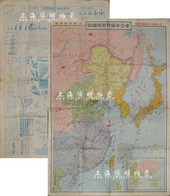 昭和十二年（1937年）《东亚军备现势明细图·支那事变要览》双面印制彩色地图1张，尺寸545×790mm，背面印有列国军备比较（包含空军、陆军常备兵力、海军力、人员等一系列的对比），图文并茂，诚属日军侵华之历史罪证；源于日本回流，保存尚佳，敬请预览