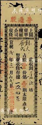 宣统贰年（1910年）上园东华种植公司收条，普通股壹份第壹期本银五毛，广东老股票之少见品，有蛀孔，近六成新