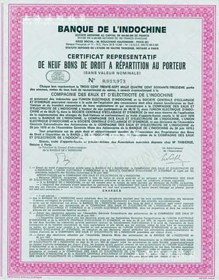 1970年东方汇理银行（法属印度支那银行）股权证书，满版水印；海外藏家出品，少见，九五成新