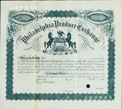 1874年（美国）费城土产交易所股票，未填用，内有水印；该交易所后被并入费城证券交易所，美国著名藏家出品，少见，八五成新
