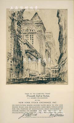 早期“纽约证券交易所”颁发之“机构会员执照”1张，形制美观，且配有镜框，保存极佳，敬请预览