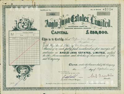 1947年（上海）英商爪哇地产公司股票，面额100股（每股10先令），有水印；该公司注册于香港，此股票则发行于上海，少见，七五成新