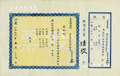 1956年（河南）襄城县城关xx业合营经理部股票，股金肆拾肆元，附带有存根，八五成新