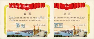 1965年上海县大华电器厂股票共2枚，面额分别为叁股计叁拾元、肆股计肆拾元，图案美观，极富特色；该厂于1959年研制出了国内第一台吸尘器、1962年又成功研制出了国内第一台窗式空调器；少见，九五成新