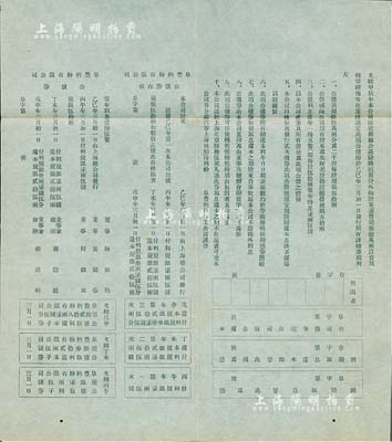 光绪乙巳年（1905年）“阜丰面粉有限公司股东公债章程单”1张，事为阜丰面粉公司添建新厂，除续招新股外，并向股东筹借规银10万两，分作2000股，每股规银50两，按照原股东老股10股摊借规银50两，且印有详尽章程等；此乃北洋政要孙多森（著名实业家、曾任中国银行总裁等职）创办之著名家族企业，是项债券章程极具史料研究价值；罕见，八五成新