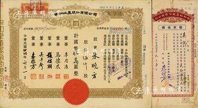 民国卅四年（1945年）中和地产股份有限公司股票，伍仟股计国币伍万圆，承购股东即为公司董事总经理朱晓方氏（上海地产业大亨），而票上董事李思浩（浙江慈溪人）曾任北洋政府财政总长，八五成新（另附：该公司1943年股款收据25000股1枚）