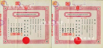 民国三十七年（1948年）公私合营信谊化学制药厂股份有限公司股票共2枚连号，拾万股计国币壹佰万圆，票上盖有解放后资本调整之戳记，九成新