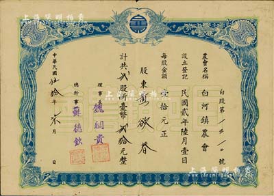 1961年（台湾台南县）白河镇农会股票，贰股计新台币贰拾元，该农会成立于1913年，历史颇为悠久，八成新