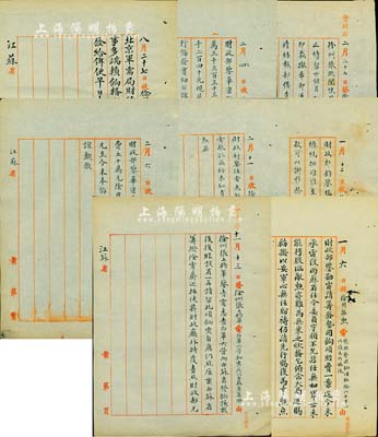 民国四年（1915年）北洋政府财政部留档之“徐州张勋电”、“徐州张巡阅使电”、“徐州张上将军电”（时任长江巡阅使、定武上将军）电报稿共8则不同，其上内容均为“催拨军饷”等情；张勋乃近代史之著名人物，在清朝覆亡后为表示效忠清室，曾禁止所部剪辫子，故称“辫帅”，后因兵变复辟而备受争议；保存甚佳，敬请预览