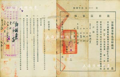 民国叁拾壹年（1942年）财务总署华北禁烟总局“栽种罂粟执照”1份，发行于山西代县，背贴有“烟亩罚款收据”1张；此种鸦片执照存世颇为少见，保存尚佳，敬请预览