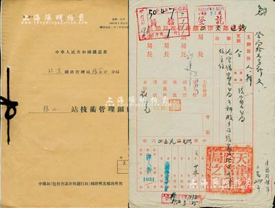 1950至1957年中华人民共和国北京（天津）铁路管理局张家口分局档案资料一宗，内含各式通令、名单、公文及《狼山站技术管理细则》等，内容繁多，难以细述；此档案对研究张家口铁路史颇有裨益，保存尚佳，敬请预览