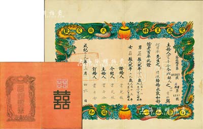 成纪七三九年（1945年）察南政厅颁发之“婚姻证书”一张，上印“鸾凤呈祥、民族交欢、日察如一、协和万年”字样，且图案美观，上贴蒙古联合自治政府印花税票；保存甚佳，敬请预览