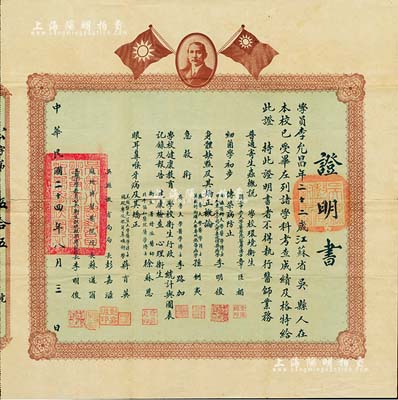 民国二十四年（1935年）“吴县小学教员公共卫生训练短期学校”证明书1张，上印孙中山像和双旗，颁给江苏吴县籍学员李允昌氏，由吴县教育局长彭嘉滋、苏州博习医院院长苏迈尔、校长李明俊签署，且上列各学科名及各博士教员之姓名等，可谓名流汇集，甚属特殊，八成新