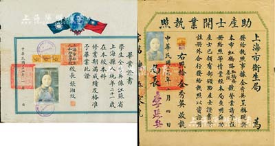 民国助产士证书共2件一套，详分：1934年“上海市私立人和助产学校”毕业证书1张（由校长张湘纹签署）、1935年上海市卫生局“助产士开业执照”1张（由局长李延安签署），均颁给上海县全秀英氏；少见且保存尚佳，敬请预览