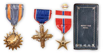 抗战时期“飞虎队”奖章3枚不同，详分：美国政府颁发勋章“铜星勋章”、“空军勋章”、“服役优异十字勋章”，其中1枚附带有原盒；源于美国回流，保存甚佳，敬请预览