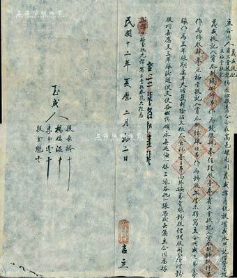 民国十二年（1923年）河北高邑县“增盛永兴记”合同1份，事为义盛段记、省三堂段记、五福堂段记3人合夥在高邑县开设增盛永兴记借贷生理，由义盛段记入资本制钱8000吊作为钱股4俸、经理股1俸，省三堂段记入资本8000吊作为钱股4俸，五福堂段记入资本400吊作为钱股2厘，并言明约定等情，且仅订立3份；此种金融业之传统合同颇为少见，内涵丰富，保存甚佳，敬请预览