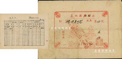 1946改1949年襄垣县县联社改供销社股券，正面所印人物图极具趣味，背面印有股金摺，且填有股金数额9000元，属山西解放区之老股票，七五成新