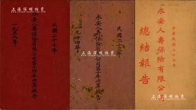 民国时期“永安人寿保险有限公司”资料共3册不同，详分：1934《第十次决算报告》、1938年《第十四次决算报告》、1940年《总结报告》各1册，内中有该公司董事局布告书、资产负债表等详情；该公司乃永安集团旗下之保险企业，保存尚佳，敬请预览和重视