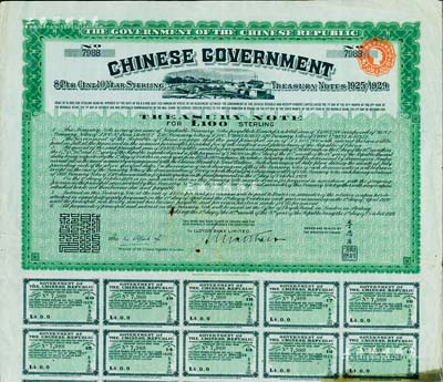 1919年中华民国政府对外发行“中国政府八厘十年期金库券”（即费克斯借款之军火公债）100镑，由北洋政府财政总长李思浩签署，背面印有中文；海外藏家出品，八成新