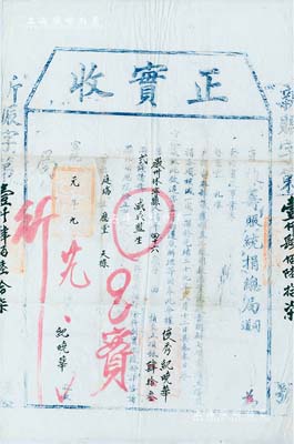 宣统元年（1909年）直隶筹赈统捐总局“正实收”1份，由徽州休宁县纪晓华氏捐银43两2钱报捐“减成监生”衔，此为清代买官制度之历史实证，保存甚佳，敬请预览