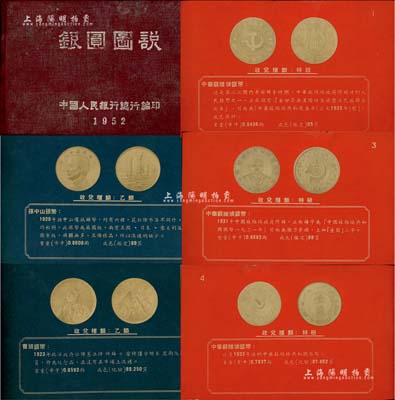 1952年中国人民银行总行编印《银圆图说》精装本一册，专供各行收兑银元分版参考之用，内中收录苏维埃银币、军阀纪念币、民国流通银币、龙洋、外国银币图片共100页，颇具参考价值，保存尚佳，敬请预览