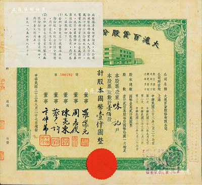 民国三十三年（1944年）大沪百货股份有限公司股票，绿色壹佰股计国币壹仟圆，票上董事周志俊氏乃北洋政府财政总长周学熙之次子，另左上角均贴有1956年该公司清产核资结果，乃公私合营之历史实证；香港藏家出品，八成新