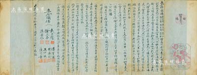 民国叁拾五年（1946年）勤胜运输行议据1份，内由戴光耀、陈长根、王河水等人意气相投集股在杭州斗富三桥东弄17号门牌租赁房屋创办勤胜运输公司，共集合股本法币30万元，且详列各股东出资占股状况、股东任职、股息分配等情；浙江省传统式老股票，内涵丰富，近八成新