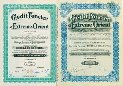 （天津）义品放款银行股票2种，详分：1929年蓝色普通股250法郎，1944年绿色普通股250法郎，票上均有天津英文地名，八五成新