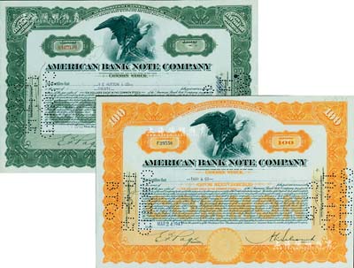 美国钞票公司老股票2种，详分：1943年黄色定额100股计1000美元、1945年褐色20股计200美元，该公司曾帮中国印制过大量钞票，八五成新