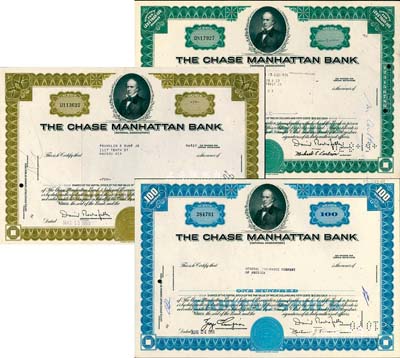 （纽约）大通曼哈顿银行股票3种，详分：1966年蓝色定额100股，1969年绿色1股、橄色10股；该行为世界金融业巨头，2000年与摩根合并，现称摩根大通银行，八五成新