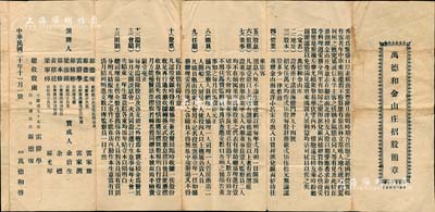 民国二十年（1931年）香港“万德和金山庄招股简章”1份，内中详列发起缘由、名称、地址、股本、营业、股息、股权、股票等章程13条，且创办人涉及香港、小吕宋、英国、美国华侨等，内容颇为丰富；保存尚佳，背有贴补，敬请预览