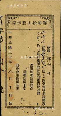 民国三十年（1941年）锦蓢松山股份票，股五份计国币五员，由乡长、副乡长等署名发行；广东台山老股票，七成新