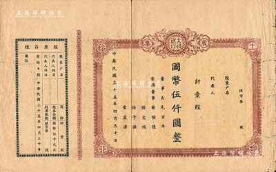 民国三十五年（1946年）大裕银行股票，壹股计国币伍仟圆，未填用附存根；四川省（今属重庆市）银行老股票，少见，七成新