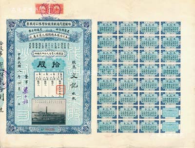 民国八年（1919年）哈尔滨戊通航业股份有限公司股票，拾股计银元壹千圆，其公司董事由北洋政要梁士诒（曾任袁世凯总统府秘书长、交通银行总理、北洋政府国务总理等职）署名，而第一次缴银处盖有“谢霖”（中国会计学家和会计界先驱，时任交通银行总会计）之图章；东北著名民族航运公司老股票，珍罕品，八五成新