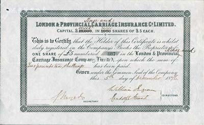 1876年英国伦敦及外省保险有限公司股票，1股计5镑，该公司曾于1863年在上海设立代理处；英国藏家出品，少见，九成新