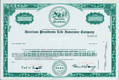 美国总统人寿保险公司股票样本，上印拉什莫尔山（美国总统山）图景，雕刻版印制，源于美国印钞厂档案外流，全新