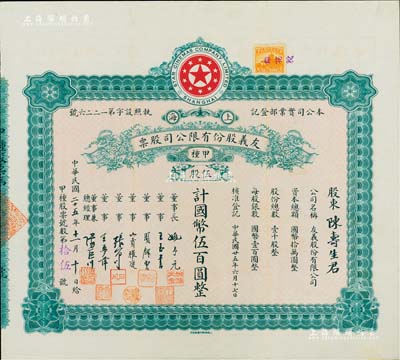 民国二十五年（1936年）上海·友义股份有限公司股票，甲种伍股计国币伍百圆，票上董事周剑云、张石川均为中国第一代电影导演；该公司创办于1936年，可谓中国近代电影业之“开山鼻祖”；八五成新