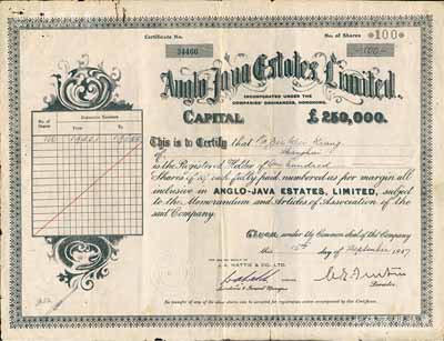 1947年（上海）英商爪哇地产公司股票，面额100股（每股10先令），有水印；该公司注册于香港，此股票则发行于上海，少见，七五成新
