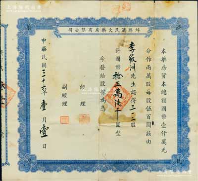 民国三十六年（1947年）蚌埠济民大药房有限公司股票，蓝色版312股计国币拾五万陆千圆，该药房与蚌埠济民医院乃属同一机构（其药房经理与医院院长同为张建华氏），原由山东旅蚌同乡会所创办，乃现今蚌埠第一人民医院之前身；罕见品，亦首度公诸于拍卖，七五成新（注：阳明2017年9月秋拍，曾拍卖有蚌埠济民医院股票2种，其中：1枚为1942年红色版，成交价高达34500元；另1枚为1946年